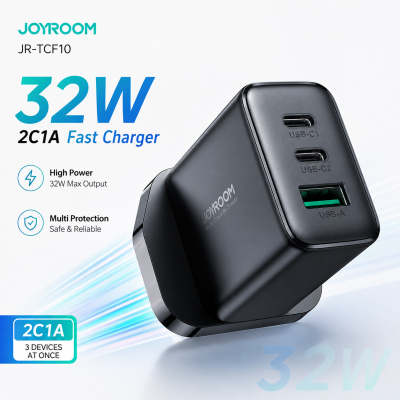 Joyroom JR-TCF10 32W Fast Charger – 2C1A Tri-Port Wall Adapter with Smart Charging Technology, Multi-Layer Safety Protection & Compact Design (Black)